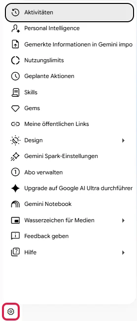 Geöffnetes Zahnrad-Menü von Gemini, das Zahnrad unten links rot markiert