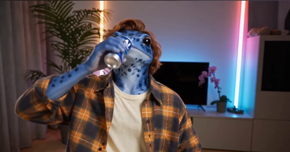 Standbild aus dem Ergebnis: blaue Froschfigur im karierten Hemd trinkt aus einer Dose