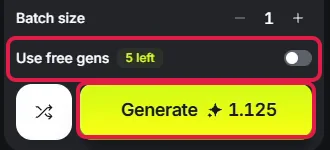 Schalter Use free gens mit 5 übrigen Gratis-Erstellungen und Generate-Knopf mit 1.125 Credits, beide rot markiert