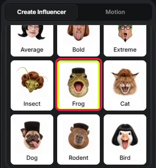 Baukasten AI Influencer mit rot markiertem, ausgewähltem Charaktertyp Frog