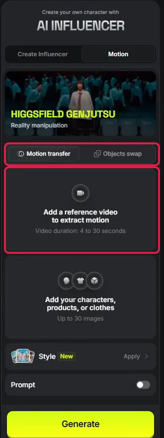 Reiter Motion mit rot markierter Funktion Motion transfer und Feld für das Referenzvideo