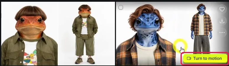 Zwei KI-Froschfiguren, beim blauen Frosch ist der Knopf Turn to motion rot markiert