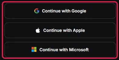 Anmeldeoptionen Continue with Google, Apple und Microsoft, rot markiert