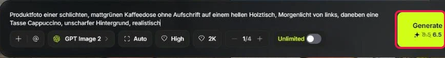 Eingabeleiste mit Prompt für ein Produktfoto, Einstellungen und rot markiertem Generate-Knopf mit 6,5 Credits