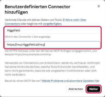 Fenster Benutzerdefinierten Connector hinzufügen mit rot markierten Feldern für Name und Adresse sowie Knopf Weiter