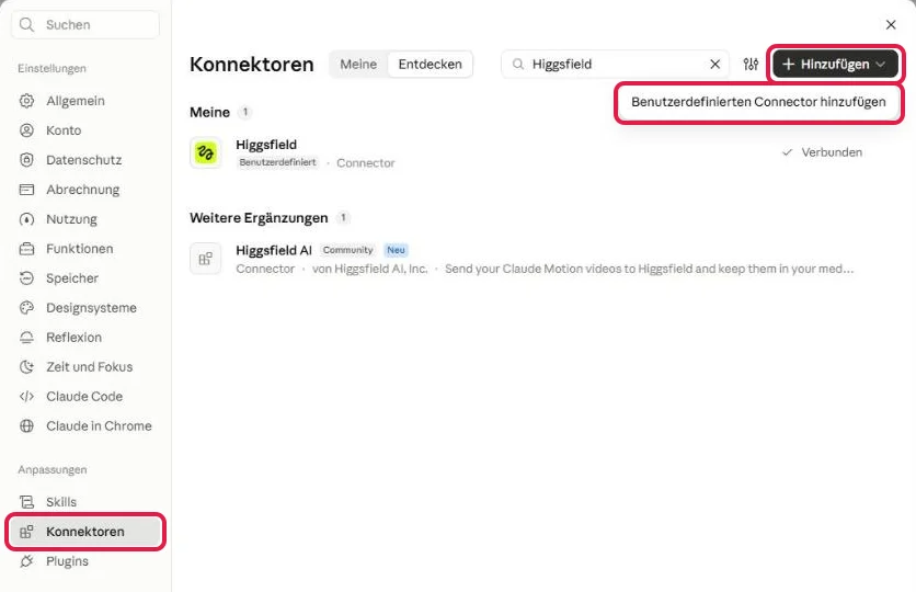 Bereich Konnektoren in Claude mit rot markiertem Menüpunkt Konnektoren, Knopf Hinzufügen und Eintrag Benutzerdefinierten Connector hinzufügen