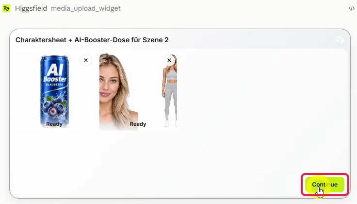 Upload-Fenster von Higgsfield im Claude-Chat mit Dose und Charaktersheet sowie rot markiertem Knopf Continue
