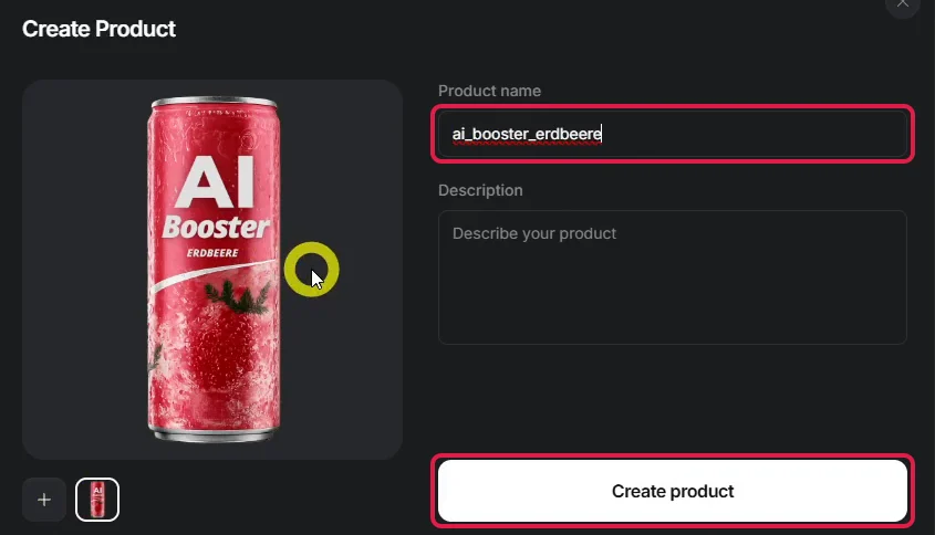 Fenster Create Product mit Bild einer fiktiven Getränkedose, rot markiertem Namensfeld und Knopf Create product