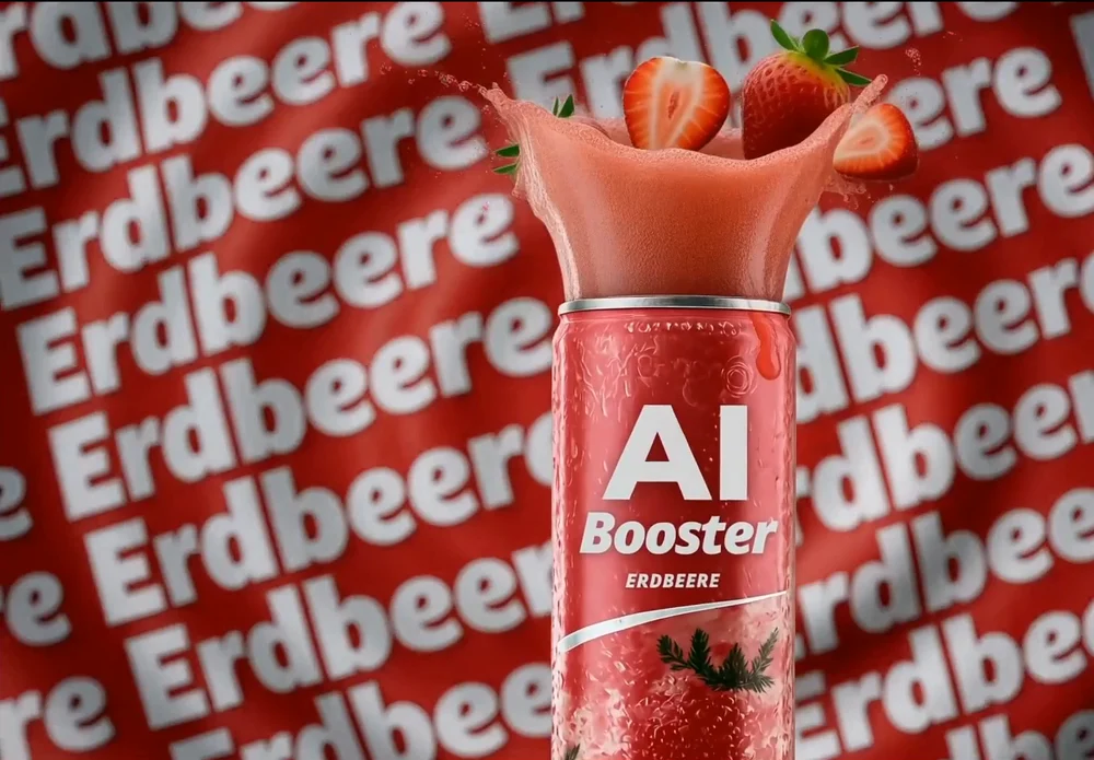 Standbild aus einem KI-Werbeclip: rote Getränkedose mit spritzendem Saft vor Schriftzug Erdbeere