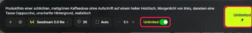 Bildgenerator mit Modell Seedream 5.0 lite, eingeschaltetem Unlimited-Schalter und Knopf Unlimited, beides rot markiert