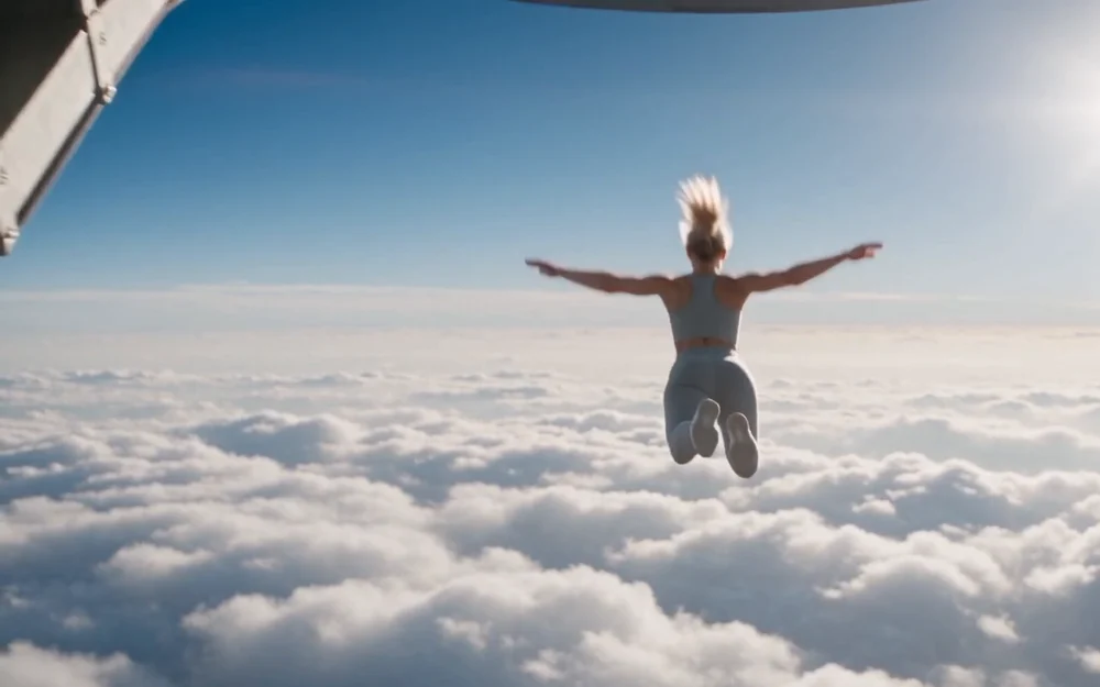 Standbild aus einem KI-Video: Frau springt aus einem Flugzeug über den Wolken