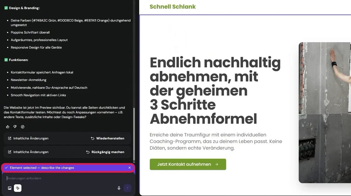 Einstiegsbereich der Website ausgewählt, Hinweis Element selected über dem Eingabefeld markiert