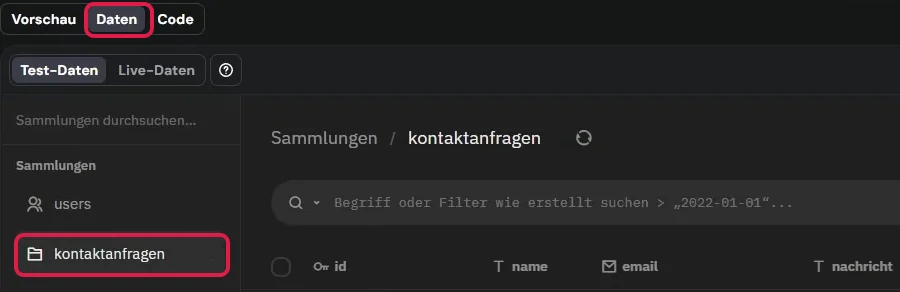 Reiter Daten im KI Builder mit der Sammlung kontaktanfragen, beides markiert
