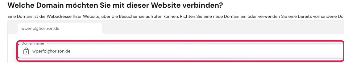 Dialog Welche Domain möchten Sie mit dieser Website verbinden mit dem Eingabefeld Domainname, markiert