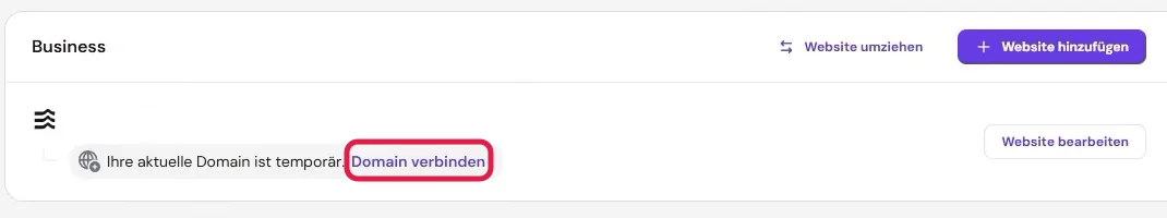 Hinweis Ihre aktuelle Domain ist temporär mit dem Link Domain verbinden, markiert