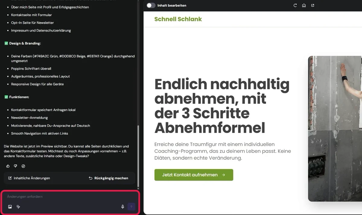 Editor des Hostinger KI Builder mit Chat links, Eingabefeld markiert und Vorschau der Coaching-Website rechts