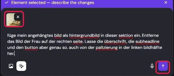 Angehängtes Foto und Anweisung im Eingabefeld, Vorschaubild und Senden-Pfeil markiert
