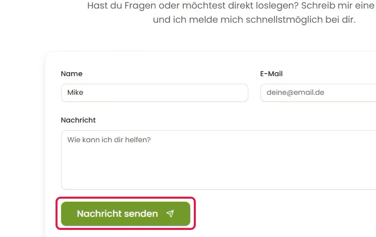 Fertiges Kontaktformular mit Name, E-Mail und Nachricht, Knopf Nachricht senden markiert