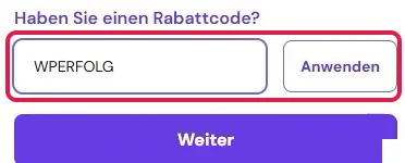 Rabattcode WPERFOLG im Warenkorb von Hostinger eingetragen, daneben Anwenden, markiert