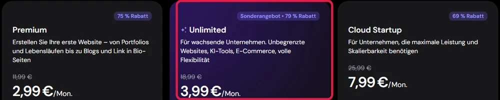Preisseite des Hostinger KI Builder mit den Tarifen Premium, Unlimited und Cloud Startup, Unlimited markiert