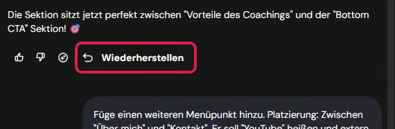 Knopf Wiederherstellen unter einer älteren Antwort im Chat des KI Builder, markiert