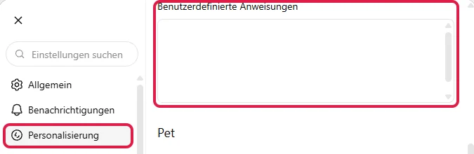 ChatGPT-Einstellungen: Personalisierung und das Feld Benutzerdefinierte Anweisungen, beide rot markiert