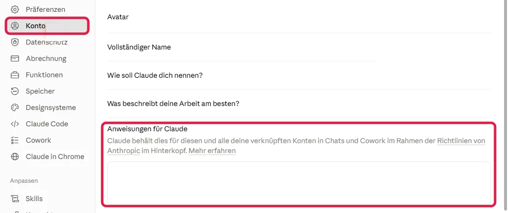 Claude-Einstellungen: Bereich Konto und das Feld Anweisungen für Claude, beide rot markiert