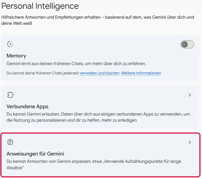 Seite Personal Intelligence in Gemini mit rot markierter Karte Anweisungen für Gemini