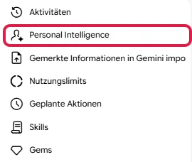 Einstellungsmenü von Gemini mit rot markiertem Eintrag Personal Intelligence