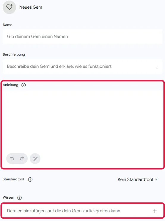 Editor Neues Gem in Gemini mit rot markierten Feldern Anleitung und Wissen