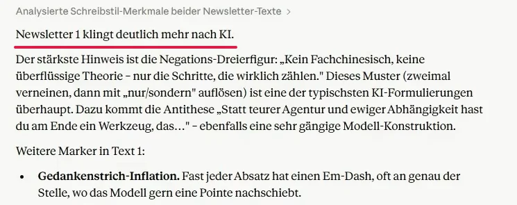 Antwort von Claude: Newsletter 1 klingt deutlich mehr nach KI, mit Begründung, Urteil rot unterstrichen