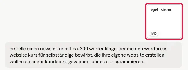 Datei regel-liste.md als Anhang über dem Prompt im Chat, rot markiert