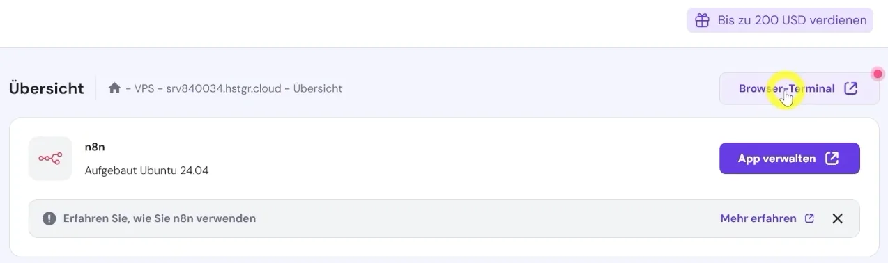 n8n browser terminal in hostinger oeffnen