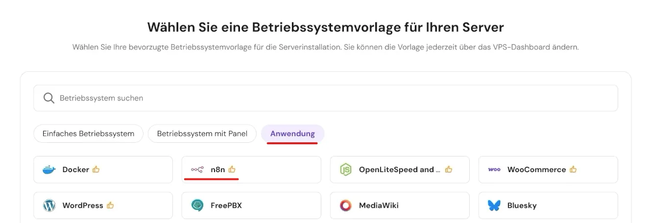 n8n als betriebssystem auswaehlen unter anwendung