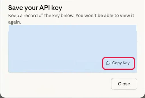 Dialog Save your API key, der Schlüssel ist abgedeckt, der Knopf Copy Key rot markiert