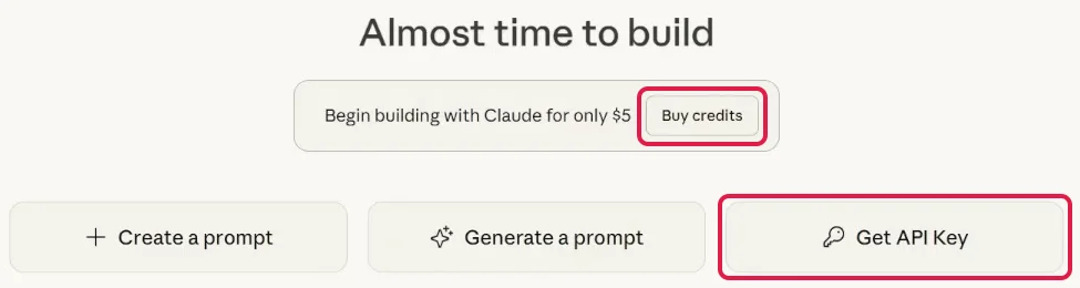 Dashboard der Claude Console mit rot markierten Knöpfen Buy credits und Get API Key