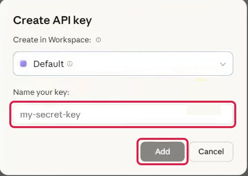 Dialog Create API key mit rot markiertem Namensfeld und Knopf Add