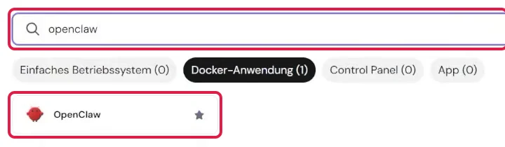 Suchfeld mit dem Wort openclaw und der Karte OpenClaw unter Docker-Anwendung, beides rot markiert