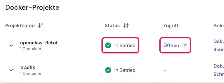 Docker-Projekte mit Status In Betrieb und Link Öffnen beim OpenClaw-Projekt, rot markiert