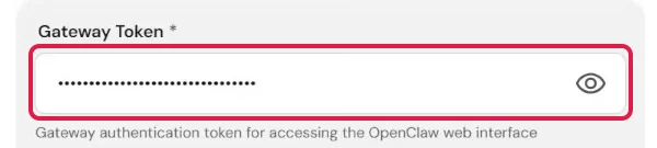Feld Gateway Token in der OpenClaw-Konfiguration von Hostinger, rot markiert, mit Auge-Symbol