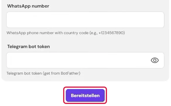 Ende der OpenClaw-Konfiguration mit leerem Feld Telegram bot token und rot markiertem Knopf Bereitstellen