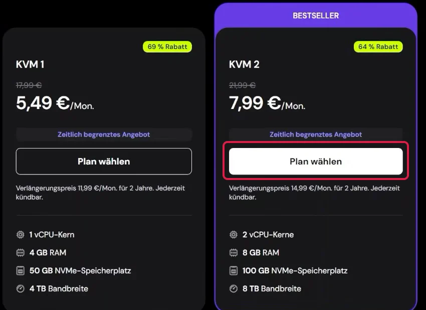 OpenClaw installieren bei Hostinger: Knopf Plan wählen beim Plan KVM 2, rot markiert