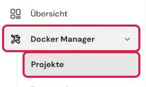 Menü des VPS im hPanel mit rot markierten Einträgen Docker Manager und Projekte