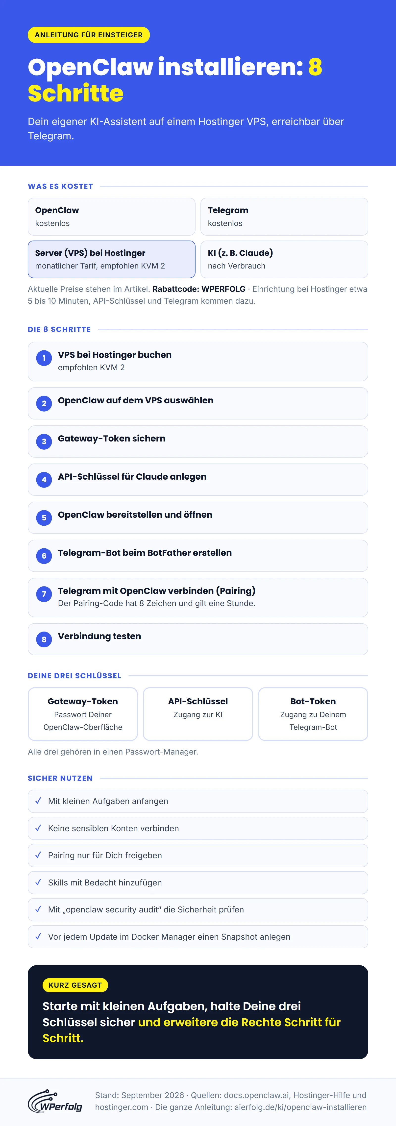 Infografik: OpenClaw in 8 Schritten mit Hostinger VPS und Telegram installieren, mit Kosten, den drei Schlüsseln und Tipps zur sicheren Nutzung