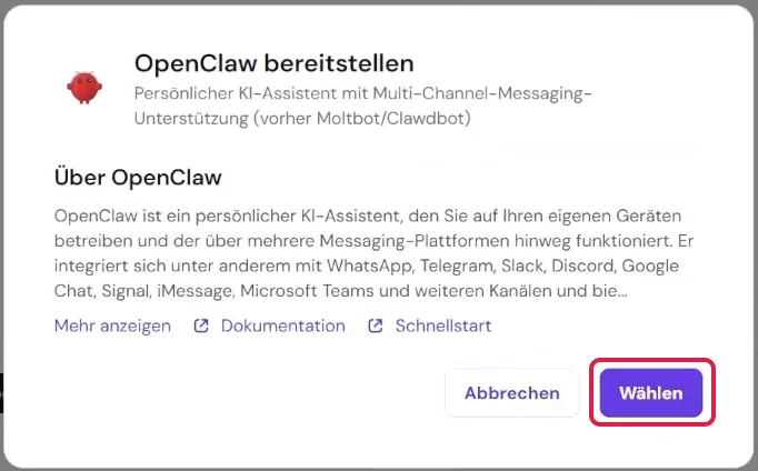 Dialog OpenClaw bereitstellen mit rot markiertem Knopf Wählen