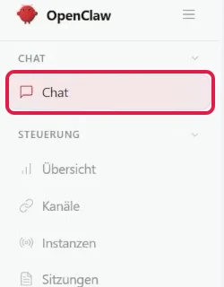 Seitenleiste der OpenClaw-Oberfläche mit rot markiertem Eintrag Chat