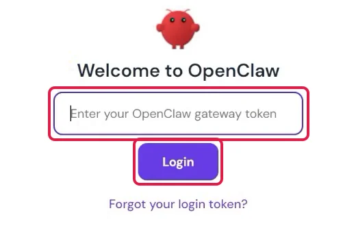 Anmeldeseite Welcome to OpenClaw mit rot markiertem Feld für den Gateway-Token und Knopf Login