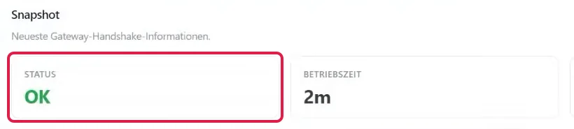 Übersicht der OpenClaw-Oberfläche, Kachel Status mit OK rot markiert