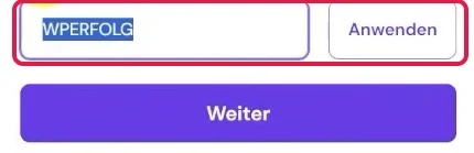 Eingabefeld mit dem Rabattcode WPERFOLG und Knopf Anwenden, rot markiert