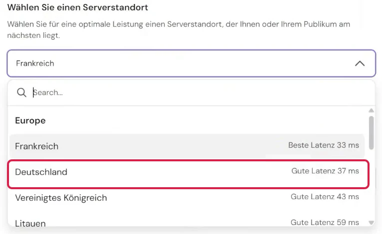 Liste der Serverstandorte bei Hostinger mit rot markiertem Eintrag Deutschland